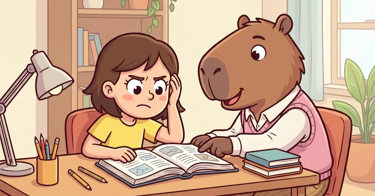 Frustriertes Grundschulkind sitzt vor einem aufgeschlagenen Buch am Küchentisch
