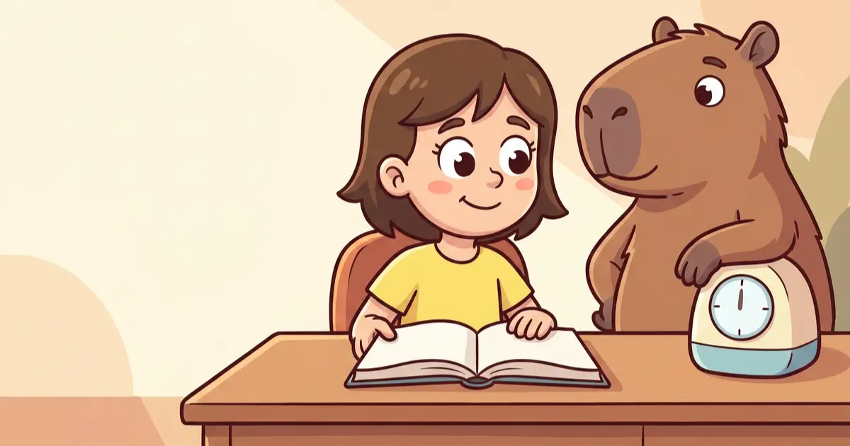 Kind und Elternteil üben entspannt für kurze Zeit am Küchentisch, daneben eine Eieruhr